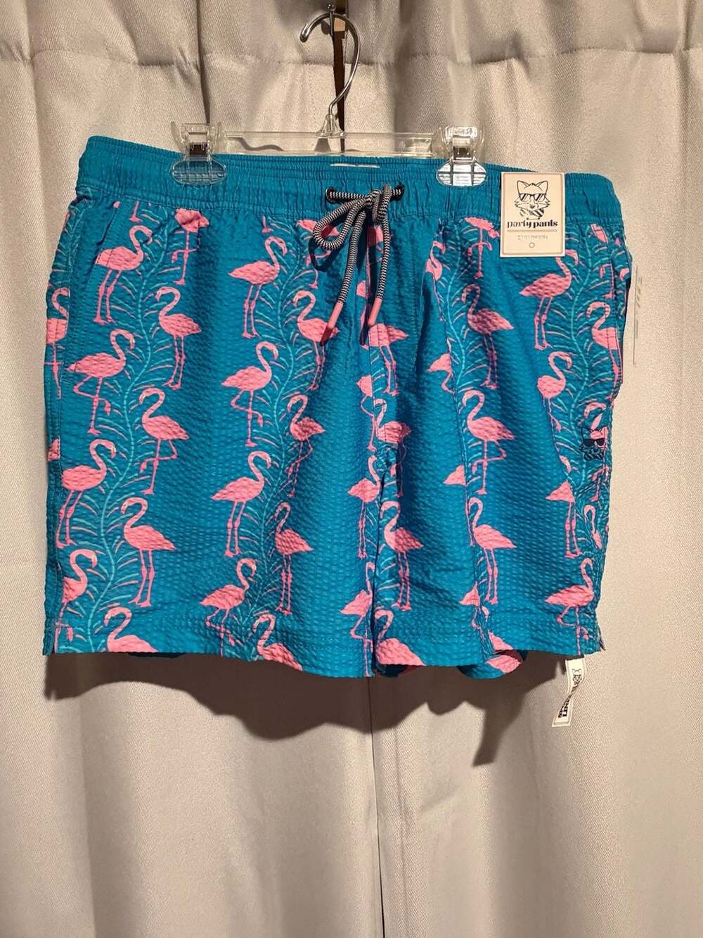 Party Pants 5" Flamingo Seersucker Swim Trunks Cyan